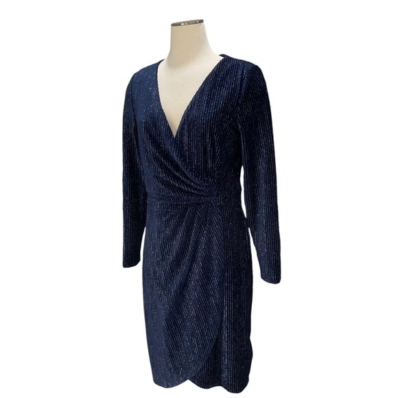 Julia Jordan Navy Glitter Wrap Dress Sz 8 Long Sleeve Sparkle Bodycon Cocktail - Picture 8 of 12